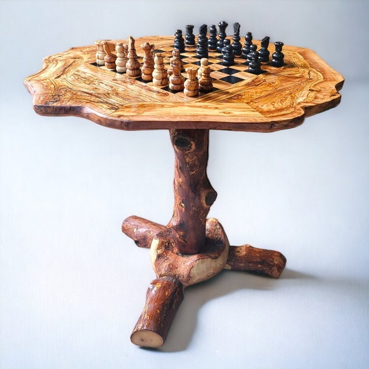 Olive Wood Natural Hand Crafted Fantasy Look Wooden Chess Board Set Table With Pieces | Unique Tabletop Board Game Chess Lovers Gift Idea